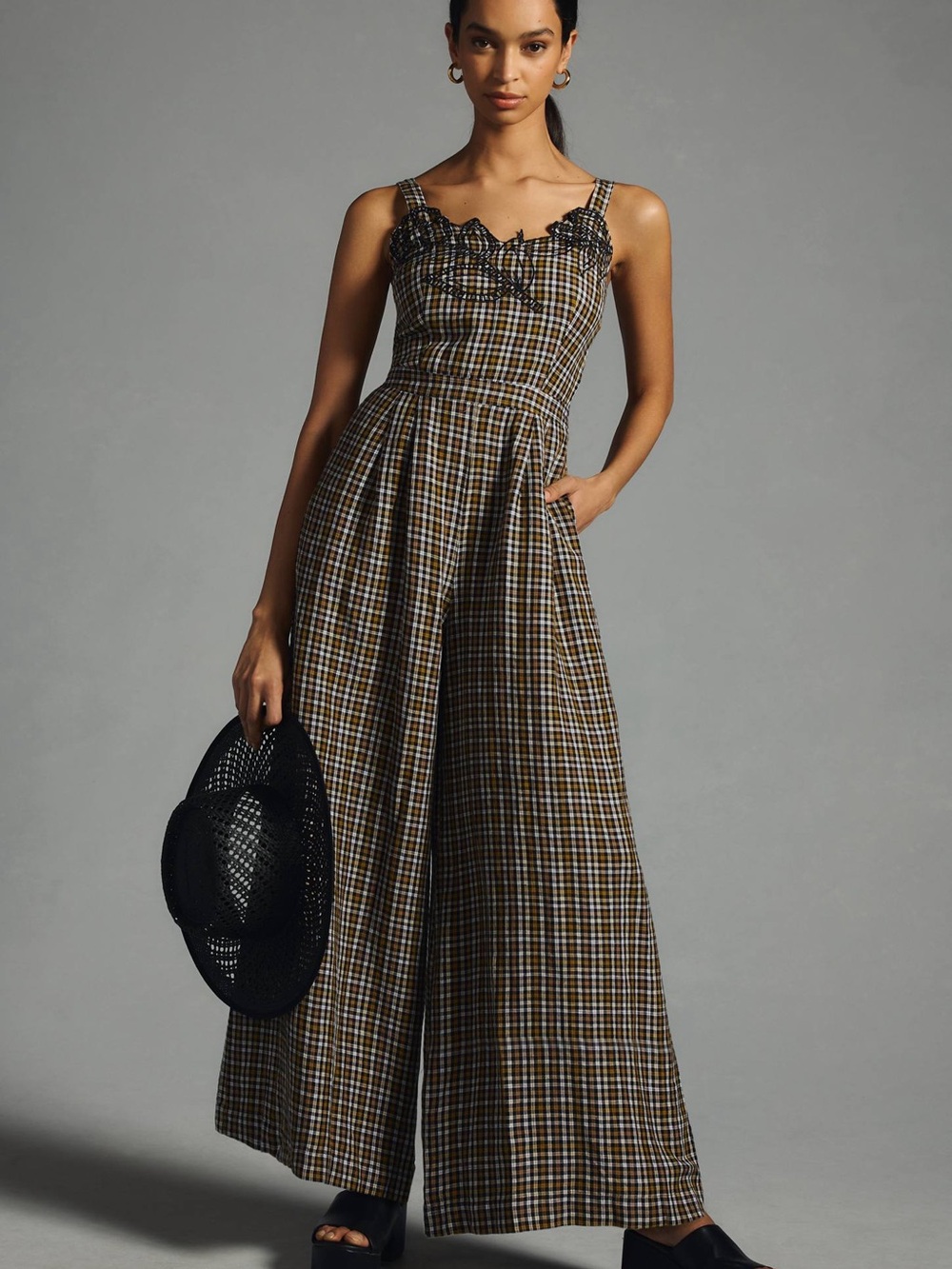 Anthropologie Plaid Embroidered Linen Blend Flare Wide Leg Jumpsuit